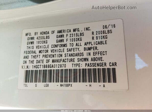 1HGCT1B88GA012870 2016 HONDA ACCORD White Engine compartment view