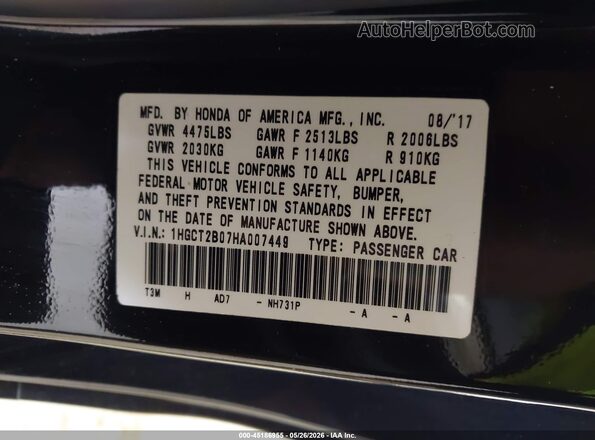 1HGCT2B07HA007449 2017 HONDA ACCORD Black 
