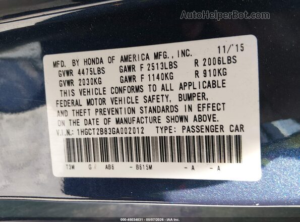 1HGCT2B83GA002012 2016 HONDA ACCORD Dark Blue 