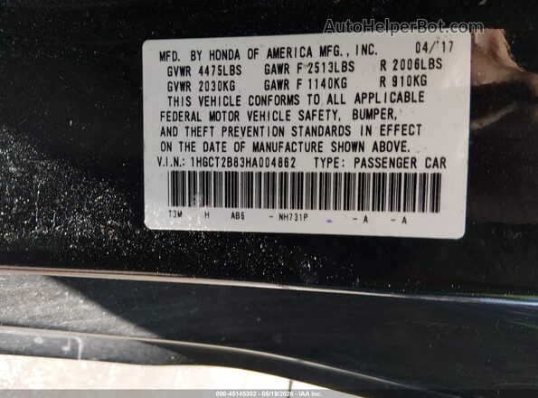 1HGCT2B83HA004862 2017 HONDA ACCORD Black Vista del compartimento del motor