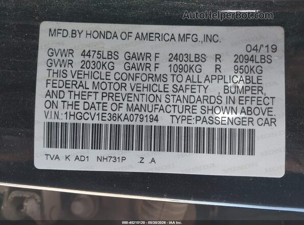 1HGCV1E36KA079194 2019 HONDA ACCORD Black Вид підкапотного простору