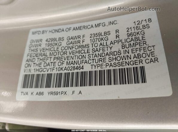 1HGCV1F10KA028464 2019 HONDA ACCORD Золотой Вид подкапотного пространства