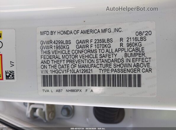 1HGCV1F10LA129621 2020 HONDA ACCORD White 