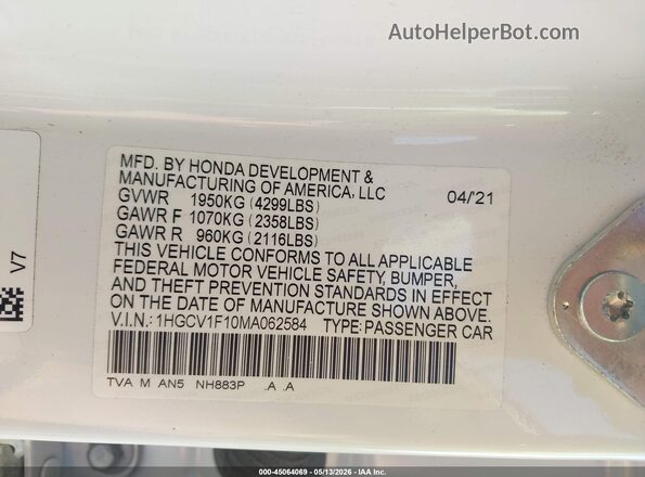 1HGCV1F10MA062584 2021 HONDA ACCORD White Vista del compartimento del motor