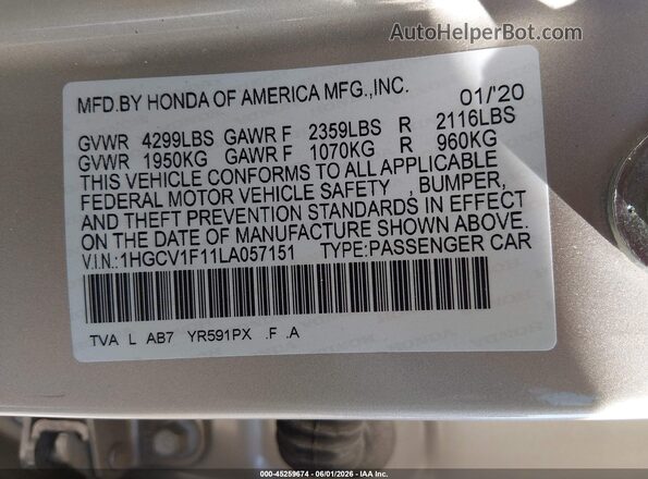 1HGCV1F11LA057151 2020 HONDA ACCORD Gold Engine compartment view
