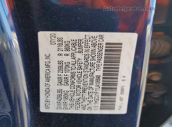 1HGCV1F11LA106848 2020 HONDA ACCORD Blue 