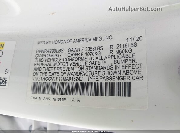 1HGCV1F11MA015242 2021 HONDA ACCORD White Engine compartment view