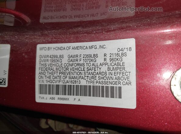 1HGCV1F12JA162813 2018 HONDA ACCORD Red Вид підкапотного простору