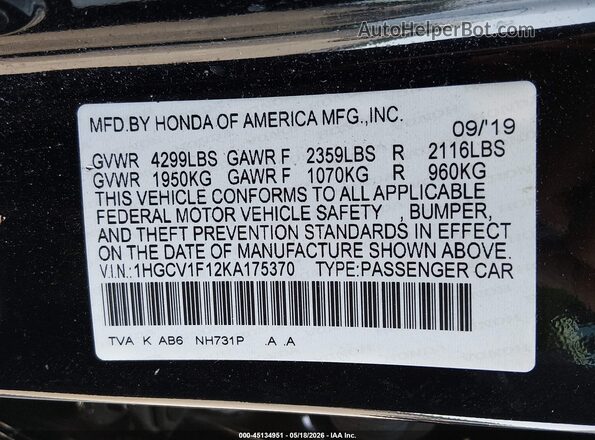 1HGCV1F12KA175370 2019 HONDA ACCORD Black Engine compartment view
