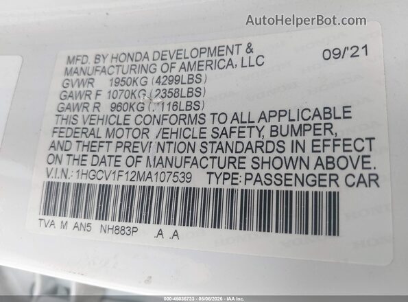 1HGCV1F12MA107539 2021 HONDA ACCORD White 
