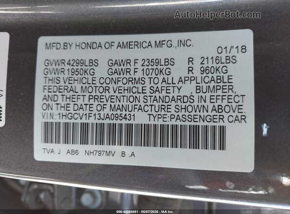1HGCV1F13JA095431 2018 HONDA ACCORD Gray 