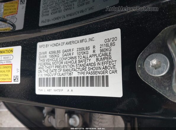 1HGCV1F13LA077367 2020 HONDA ACCORD Black Вид підкапотного простору