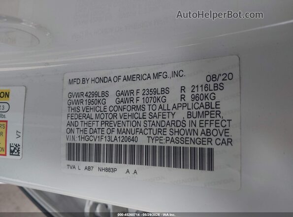 1HGCV1F13LA120640 2020 HONDA ACCORD White Vista del compartimento del motor