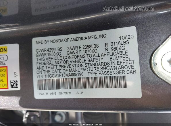 1HGCV1F13MA005196 2021 HONDA ACCORD Серый Вид подкапотного пространства