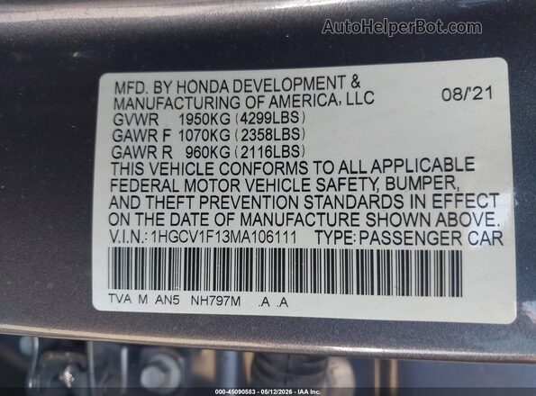 1HGCV1F13MA106111 2021 HONDA ACCORD Gray 