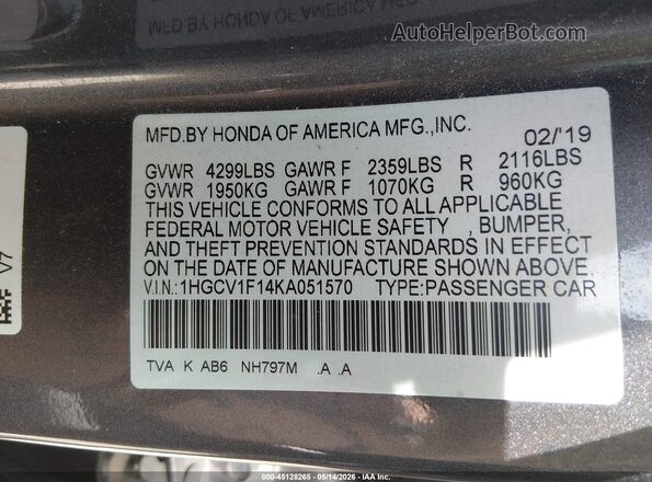 1HGCV1F14KA051570 2019 HONDA ACCORD Gray Vista del compartimento del motor