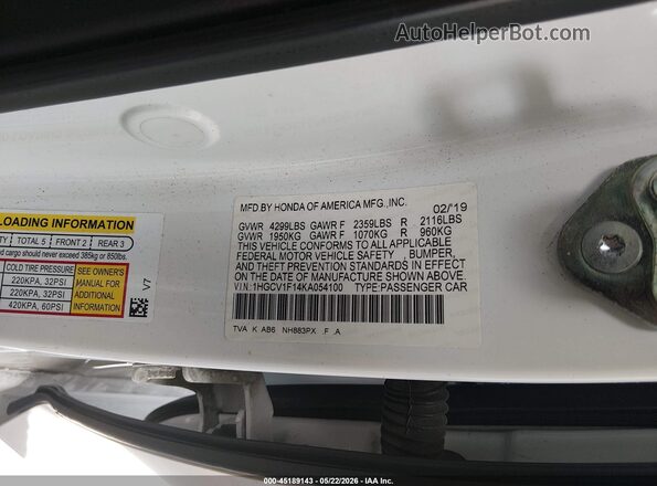 1HGCV1F14KA054100 2019 HONDA ACCORD Белый 