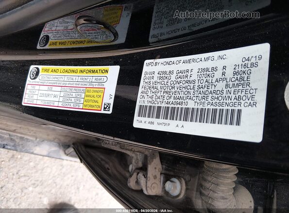 1HGCV1F14KA094810 2019 HONDA ACCORD Black ძრავის განყოფილების ხედი