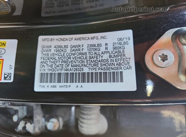1HGCV1F14KA128325 2019 HONDA ACCORD Black Շարժիչի բաժամունքի տեսք