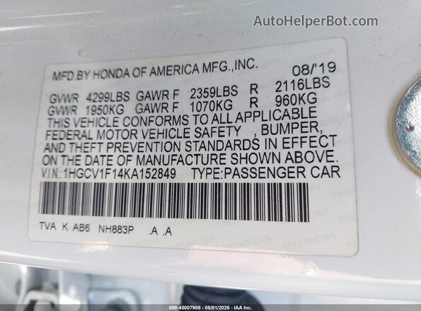 1HGCV1F14KA152849 2019 HONDA ACCORD Белый Вид подкапотного пространства