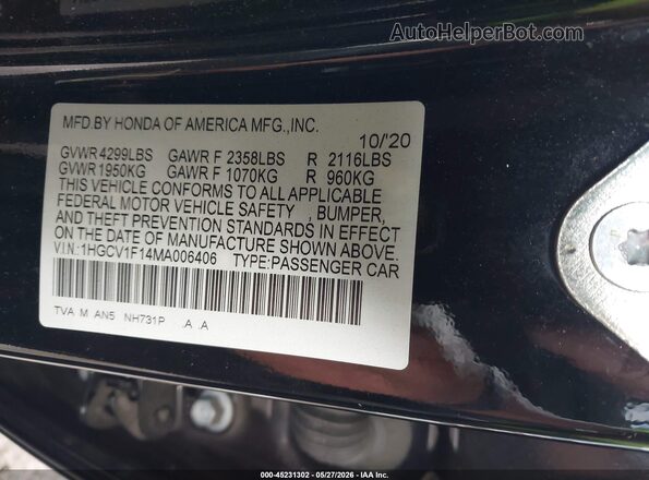 1HGCV1F14MA006406 2021 HONDA ACCORD Черный Вид подкапотного пространства