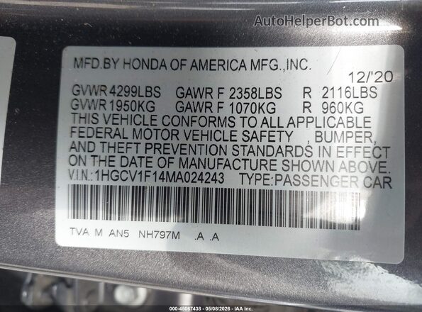 1HGCV1F14MA024243 2021 HONDA ACCORD Gray Вид підкапотного простору