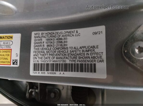 1HGCV1F14MA107350 2021 HONDA ACCORD Silver ძრავის განყოფილების ხედი