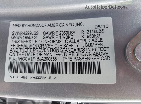 1HGCV1F15JA200566 2018 HONDA ACCORD Silver Շարժիչի բաժամունքի տեսք