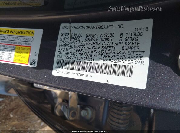 1HGCV1F15JA252313 2018 HONDA ACCORD Gray Vista del compartimento del motor