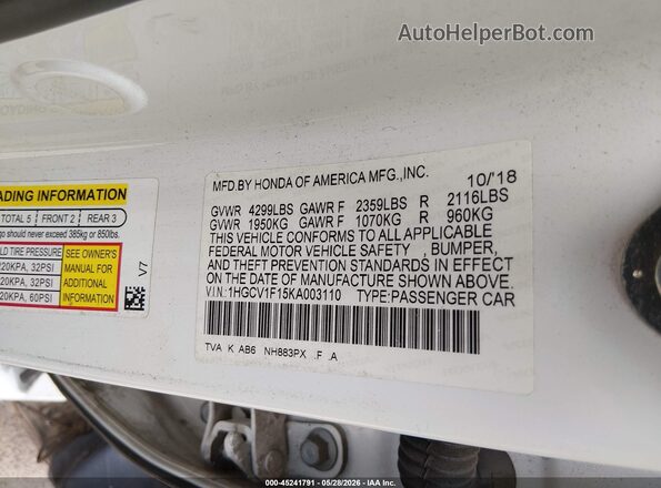 1HGCV1F15KA003110 2019 HONDA ACCORD White Շարժիչի բաժամունքի տեսք
