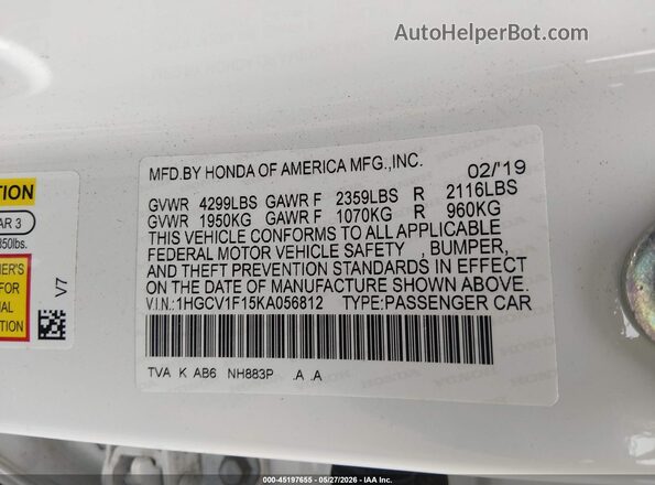 1HGCV1F15KA056812 2019 HONDA ACCORD Белый Вид подкапотного пространства
