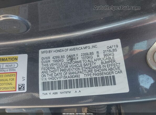 1HGCV1F15KA083492 2019 HONDA ACCORD Gray Widok komory silnika