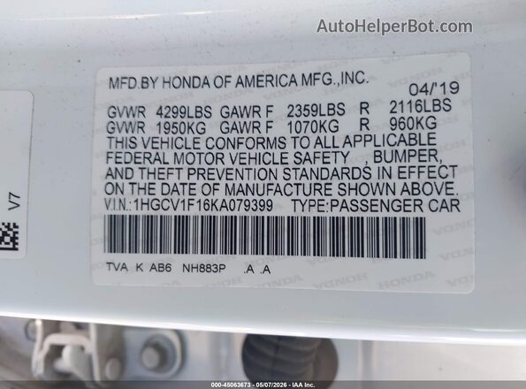 1HGCV1F16KA079399 2019 HONDA ACCORD White 