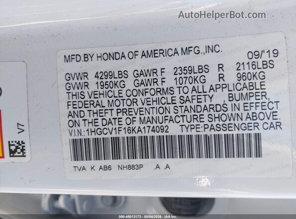 1HGCV1F16KA174092 2019 HONDA ACCORD White ძრავის განყოფილების ხედი