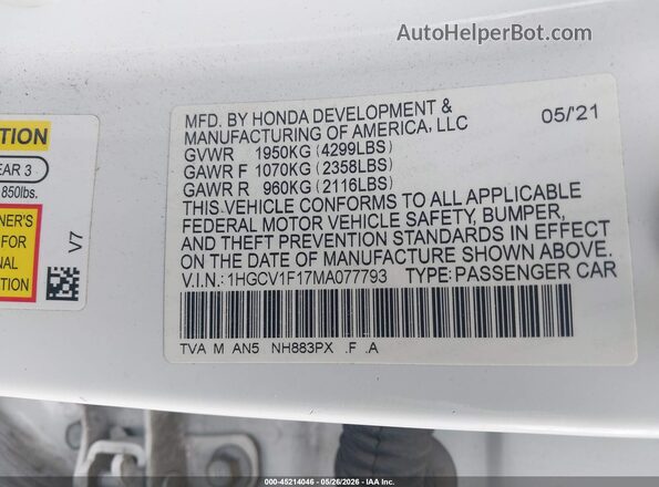 1HGCV1F17MA077793 2021 HONDA ACCORD White Vista del compartimento del motor