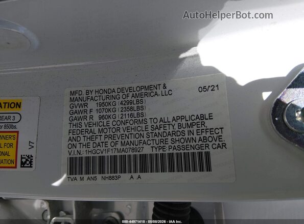 1HGCV1F17MA078927 2021 HONDA ACCORD Белый Вид подкапотного пространства