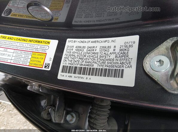 1HGCV1F18KA048509 2019 HONDA ACCORD Gray ძრავის განყოფილების ხედი