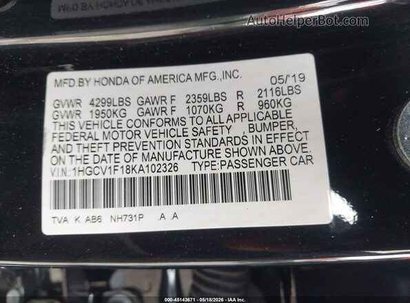 1HGCV1F18KA102326 2019 HONDA ACCORD Black Շարժիչի բաժամունքի տեսք