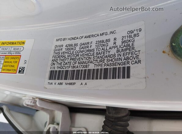 1HGCV1F18KA173087 2019 HONDA ACCORD White Vista del compartimento del motor