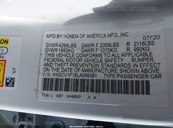 1HGCV1F18LA099381 2020 HONDA ACCORD White 
