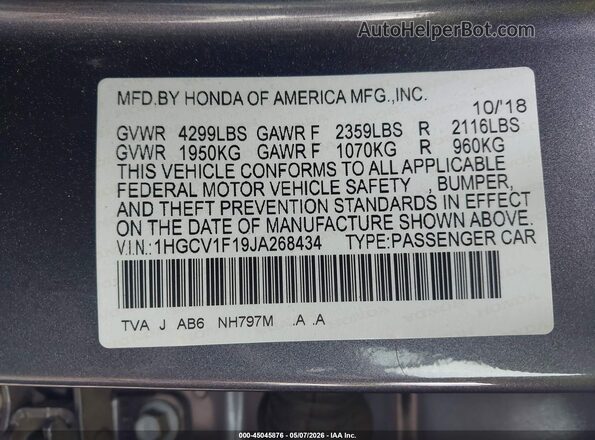 1HGCV1F19JA268434 2018 HONDA ACCORD Gray Вид підкапотного простору