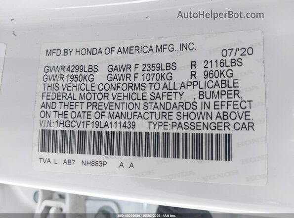 1HGCV1F19LA111439 2020 HONDA ACCORD White 