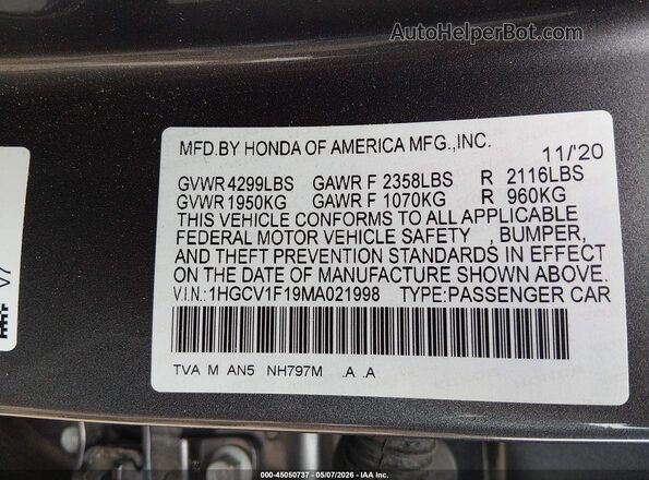 1HGCV1F19MA021998 2021 HONDA ACCORD Gray Vista del compartimento del motor