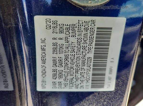1HGCV1F1XLA072229 2020 HONDA ACCORD Blue 