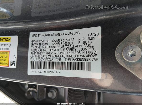 1HGCV1F1XLA114396 2020 HONDA ACCORD Gray Engine compartment view