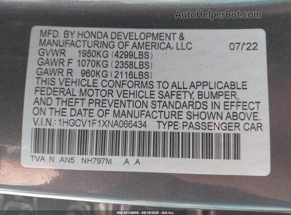 1HGCV1F1XNA066434 2022 HONDA ACCORD Gray Vista del compartimento del motor