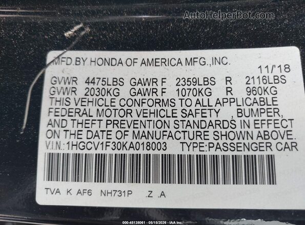 1HGCV1F30KA018003 2019 HONDA ACCORD Черный Вид подкапотного пространства