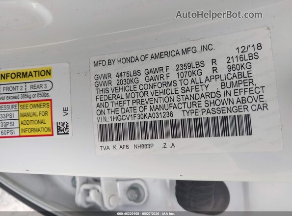 1HGCV1F30KA031236 2019 HONDA ACCORD White ძრავის განყოფილების ხედი