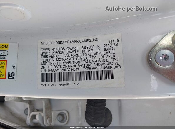 1HGCV1F30LA034669 2020 HONDA ACCORD White Вид підкапотного простору