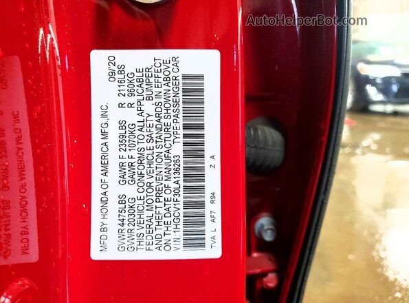 1HGCV1F30LA136263 2020 HONDA ACCORD Красный 